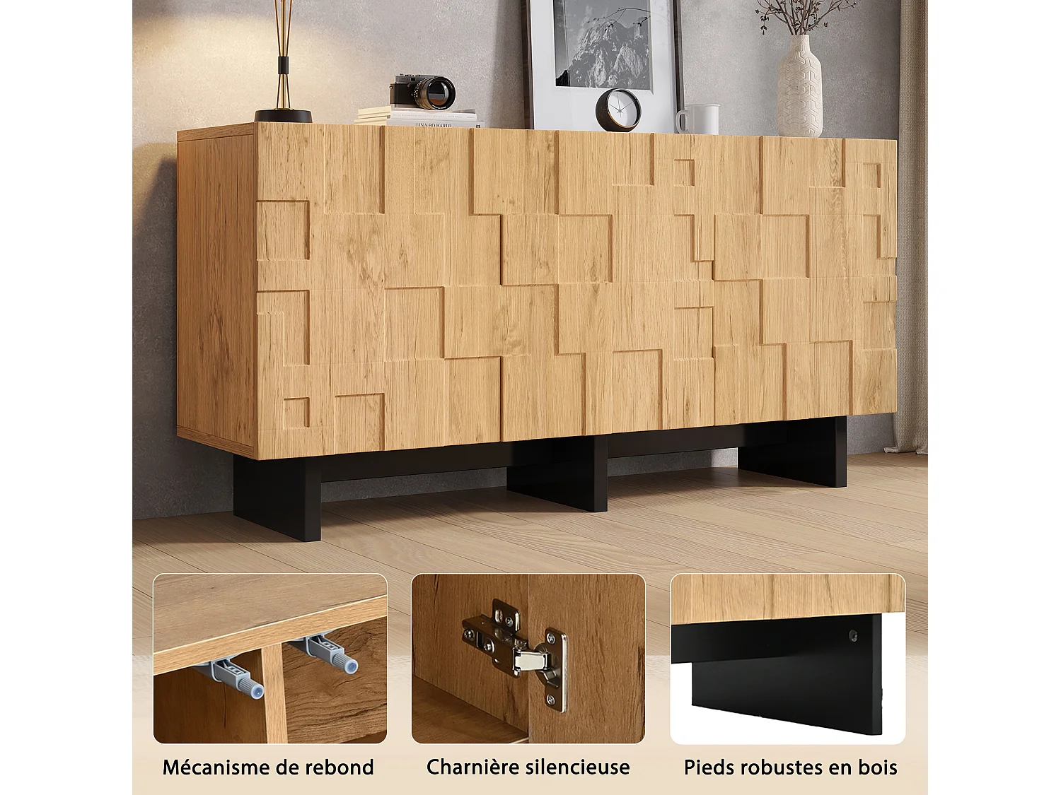 Buffet, meuble de rangement 140x40x70 cm - 3 portes à motif gaufré - Style champêtre - Placage bois - Naturel