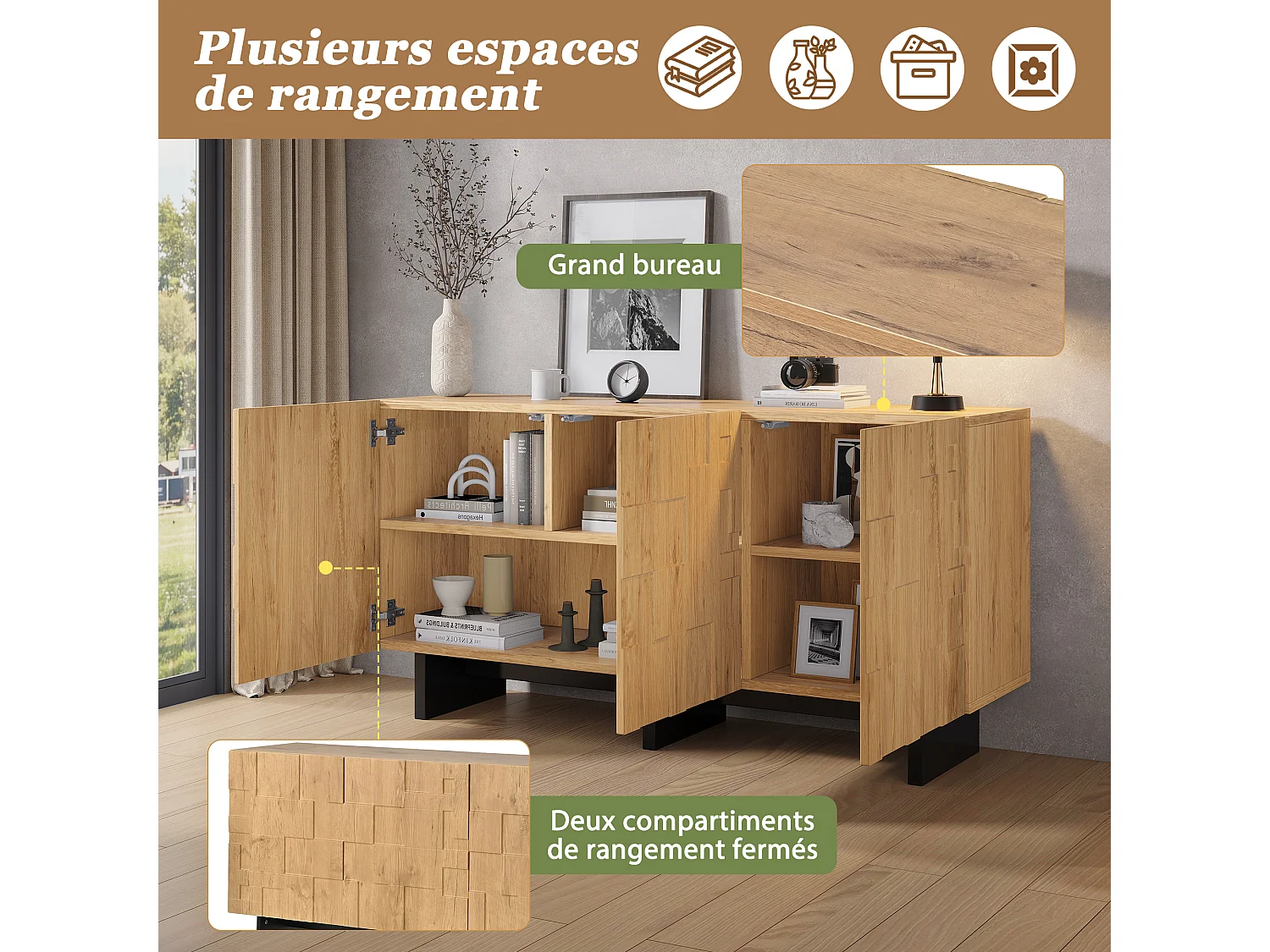 Buffet, meuble de rangement 140x40x70 cm - 3 portes à motif gaufré - Style champêtre - Placage bois - Naturel