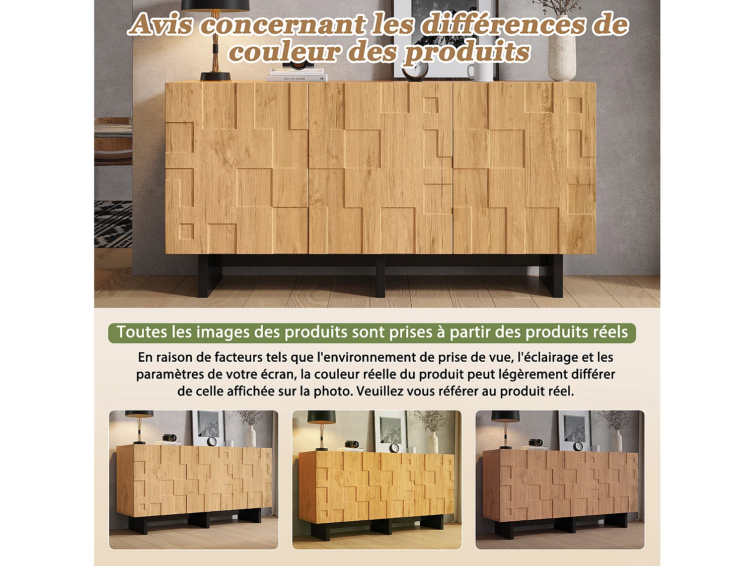 Buffet, meuble de rangement 140x40x70 cm - 3 portes à motif gaufré - Style champêtre - Placage bois - Naturel