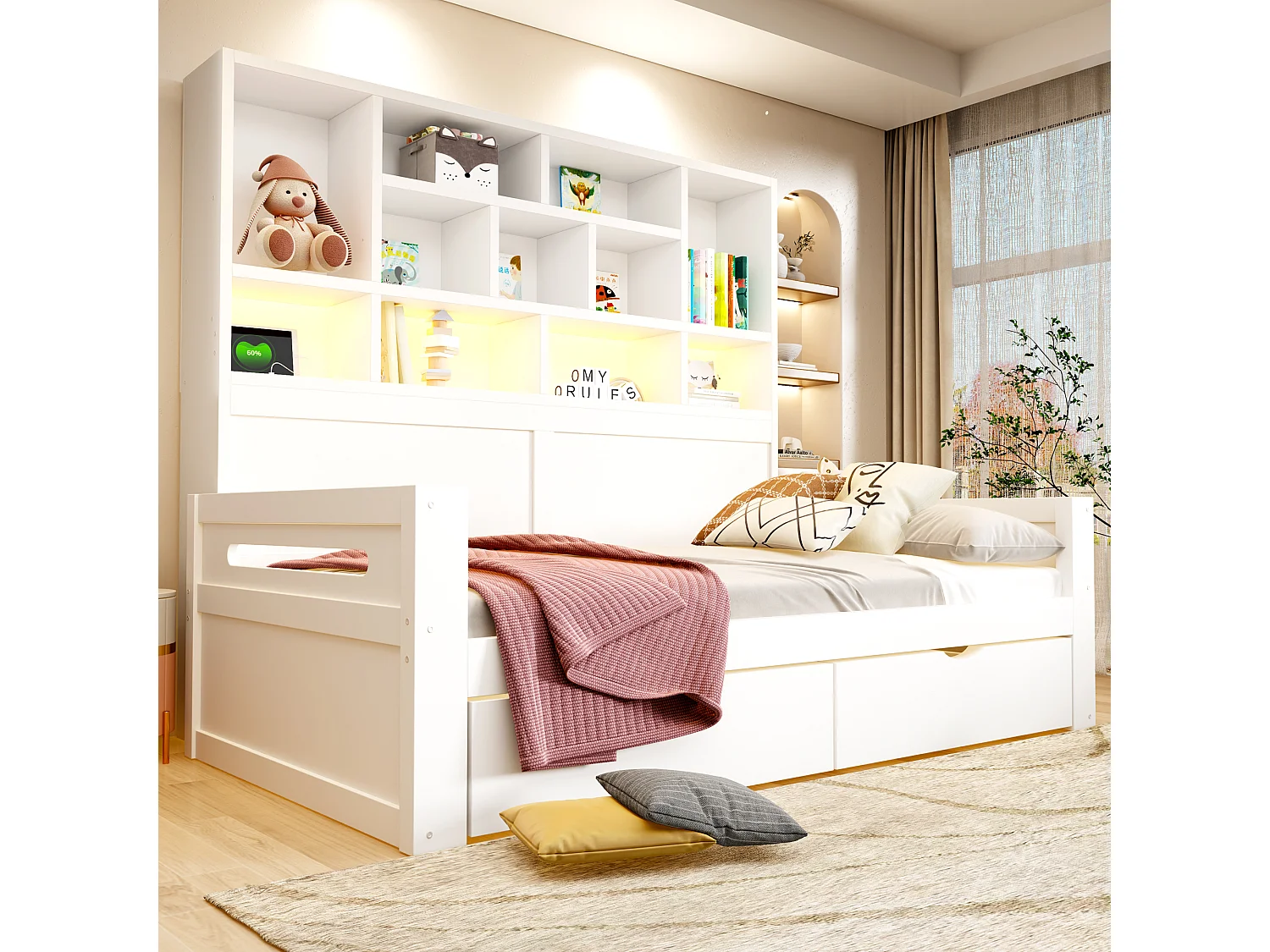 Wooden sofa bed 90 x 200 cm - with LED light - with electrical outlet - white (mattress not included)