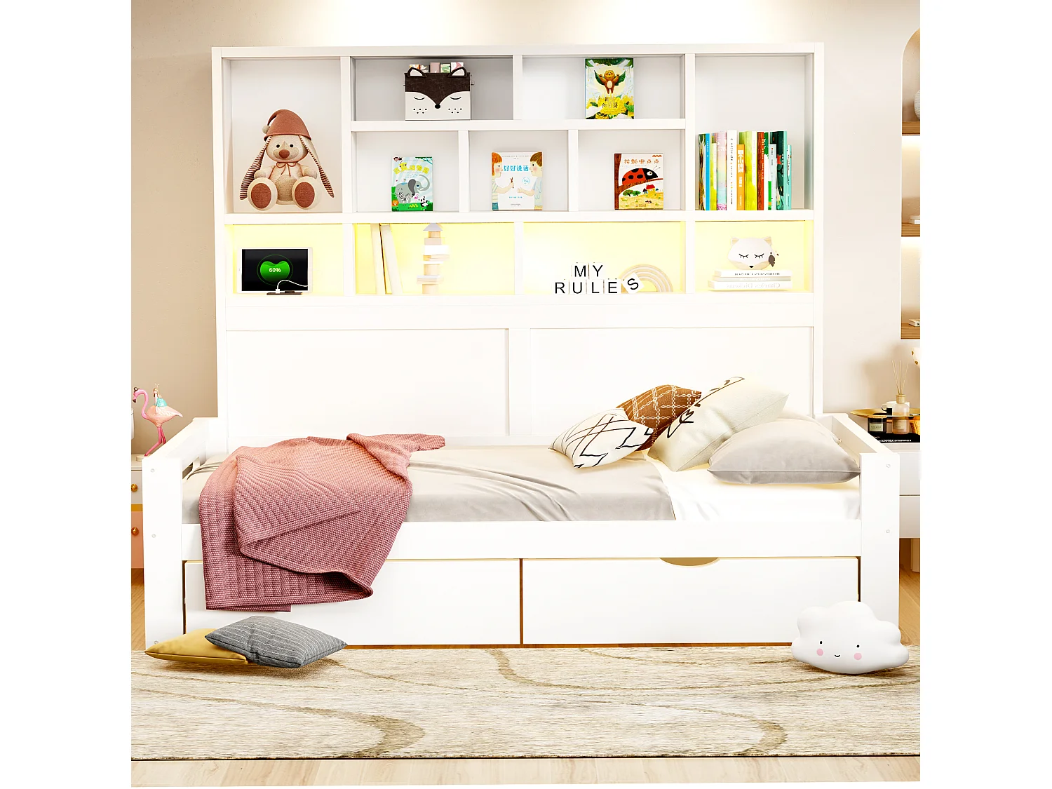 Wooden sofa bed 90 x 200 cm - with LED light - with electrical outlet - white (mattress not included)