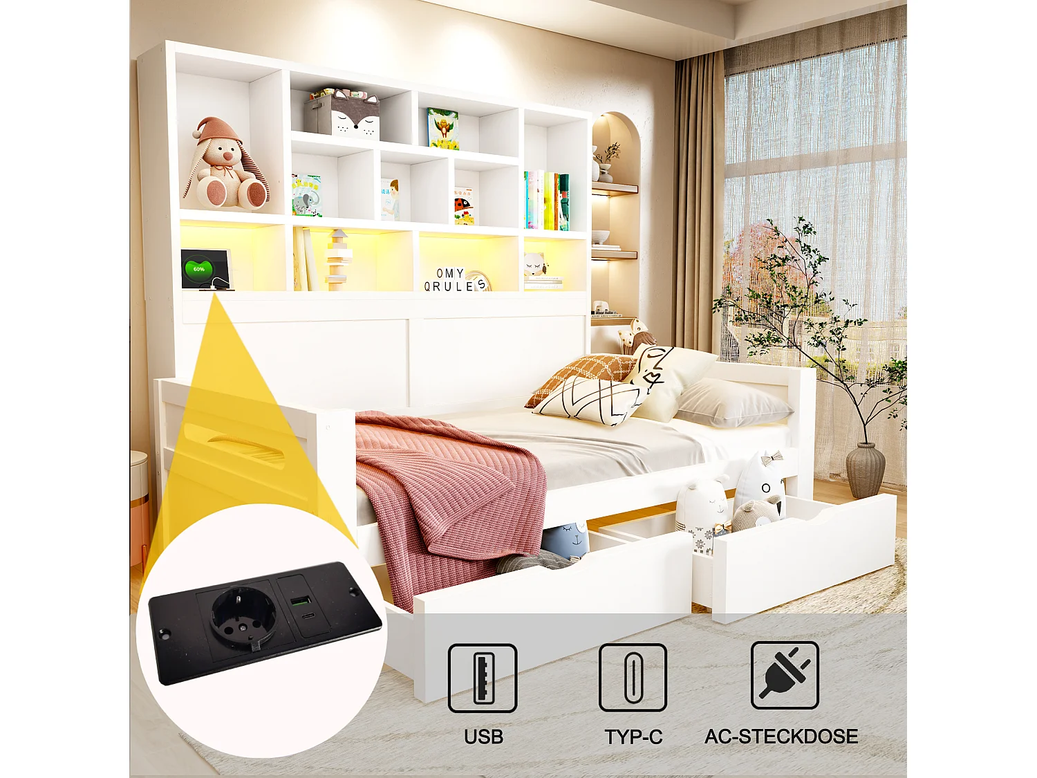 Wooden sofa bed 90 x 200 cm - with LED light - with electrical outlet - white (mattress not included)