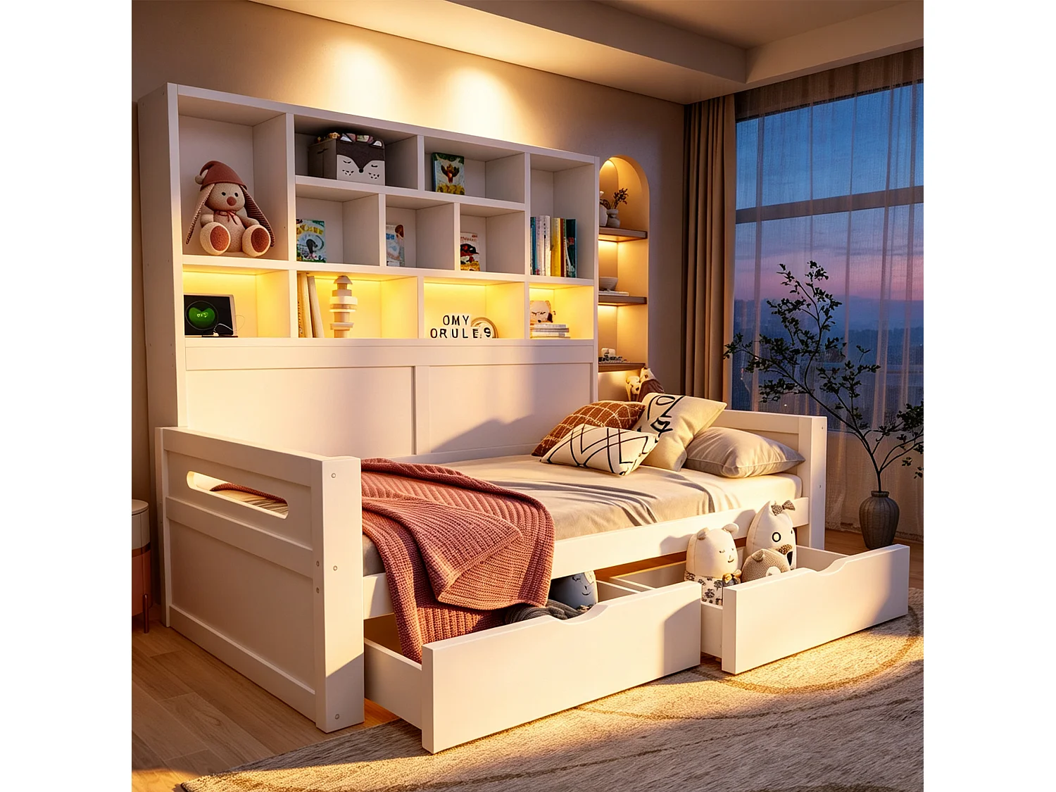 Wooden sofa bed 90 x 200 cm - with LED light - with electrical outlet - white (mattress not included)