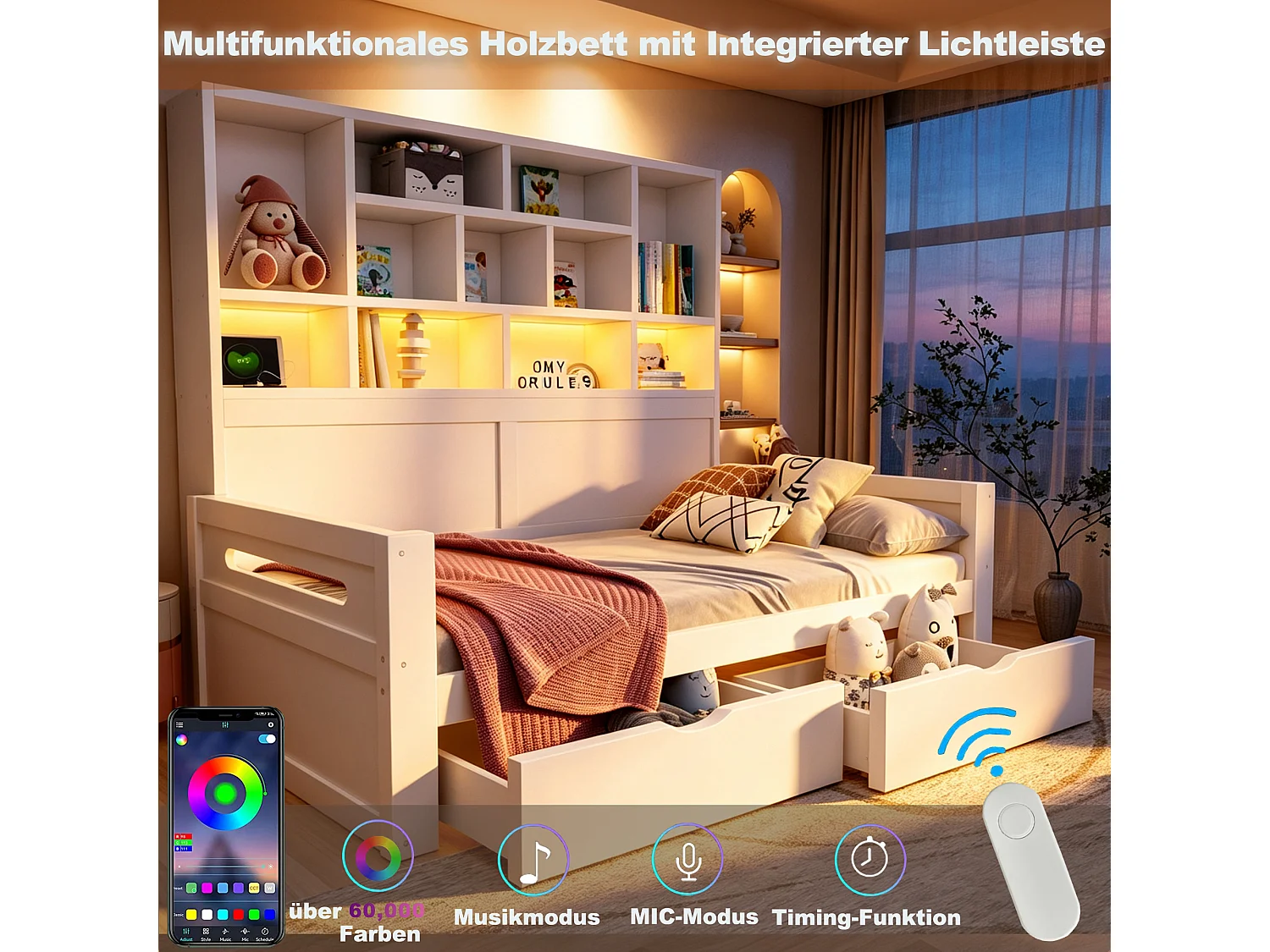 Wooden sofa bed 90 x 200 cm - with LED light - with electrical outlet - white (mattress not included)