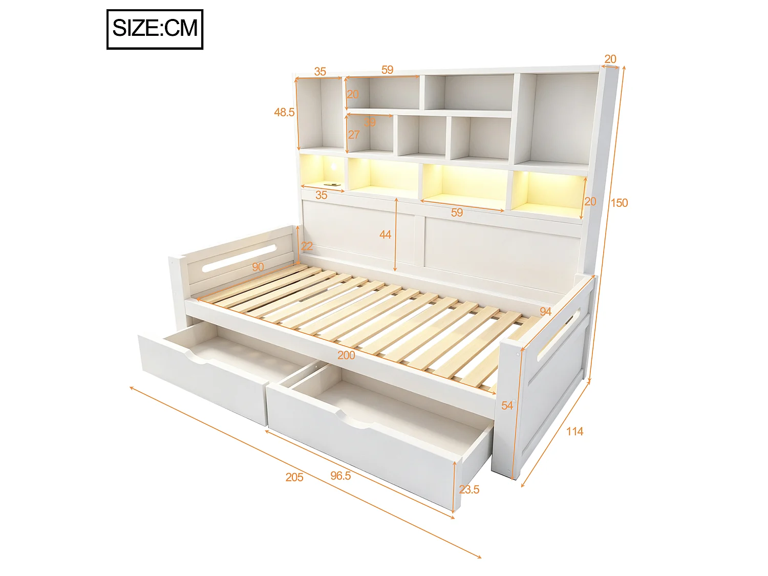 Wooden sofa bed 90 x 200 cm - with LED light - with electrical outlet - white (mattress not included)