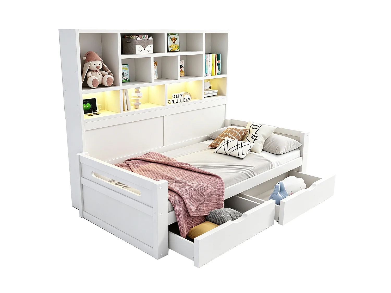 Wooden sofa bed 90 x 200 cm - with LED light - with electrical outlet - white (mattress not included)