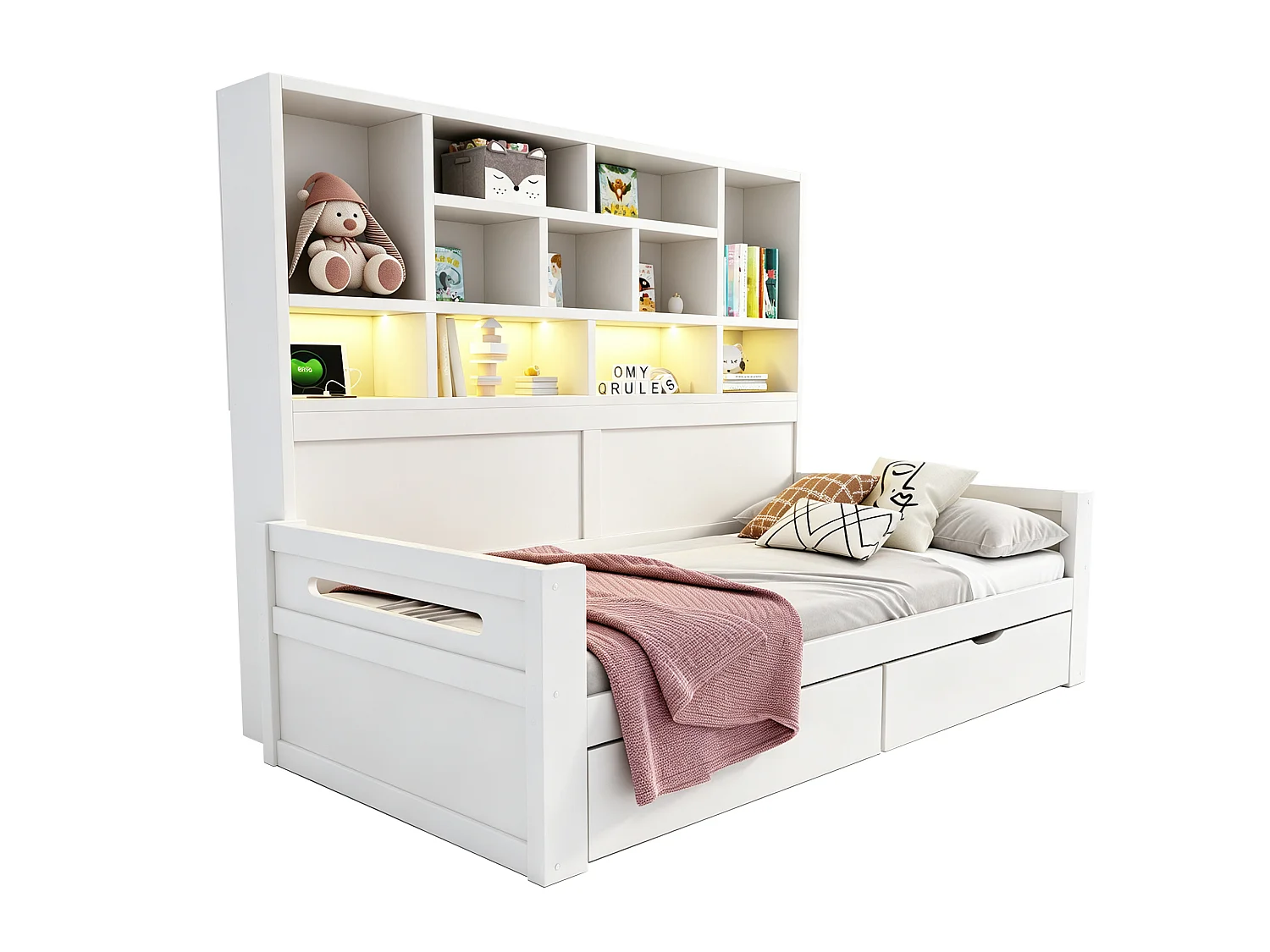 Wooden sofa bed 90 x 200 cm - with LED light - with electrical outlet - white (mattress not included)