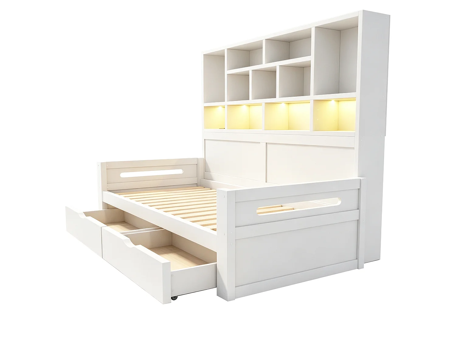 Wooden sofa bed 90 x 200 cm - with LED light - with electrical outlet - white (mattress not included)