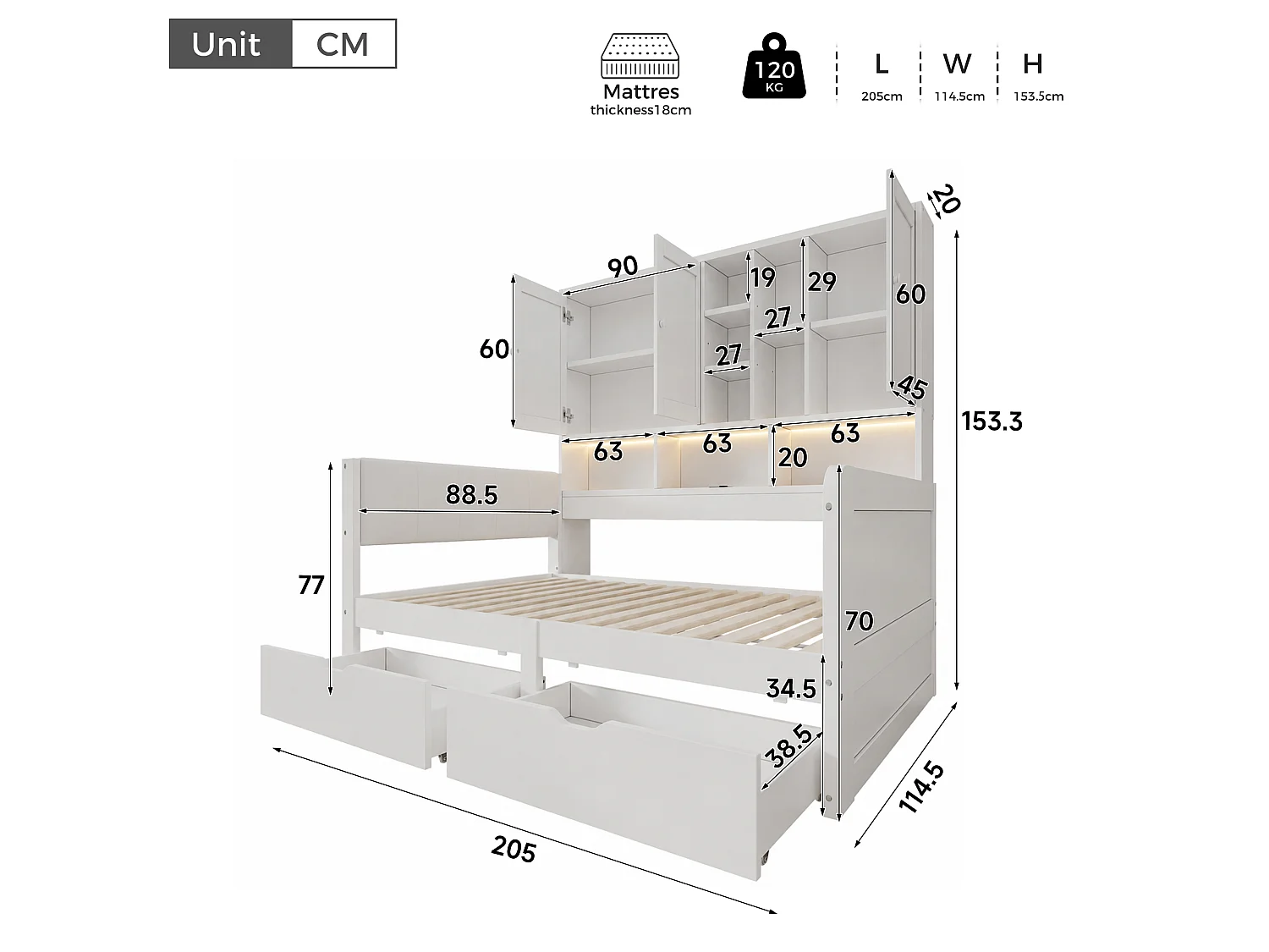 Canapébed 90x200 cm - Gecombineerd bed met LED, USB-poort en 2 laden - Met opbergmeubel - Hoofdbord van PU - Wit (zonder matras)