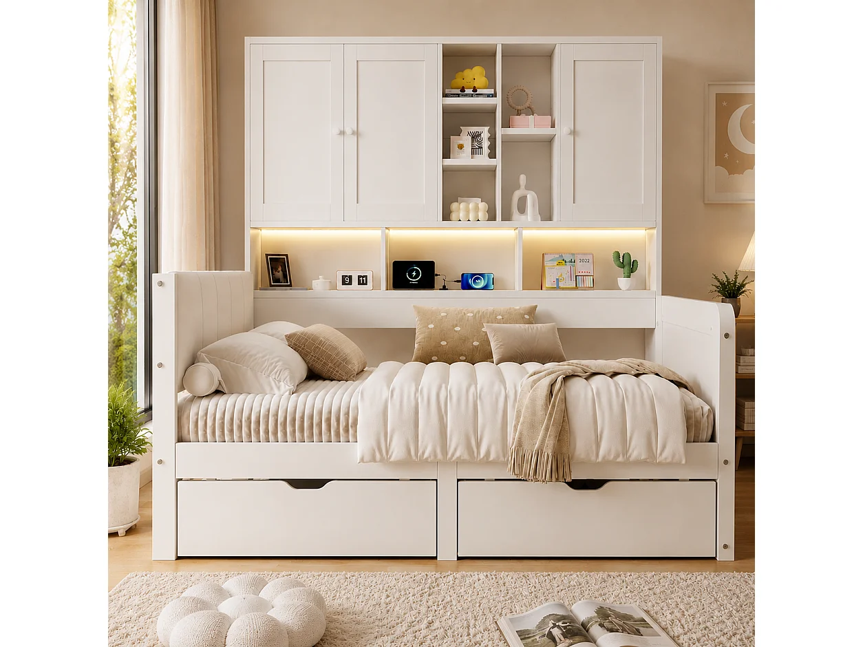 Canapébed 90x200 cm - Gecombineerd bed met LED, USB-poort en 2 laden - Met opbergmeubel - Hoofdbord van PU - Wit (zonder matras)