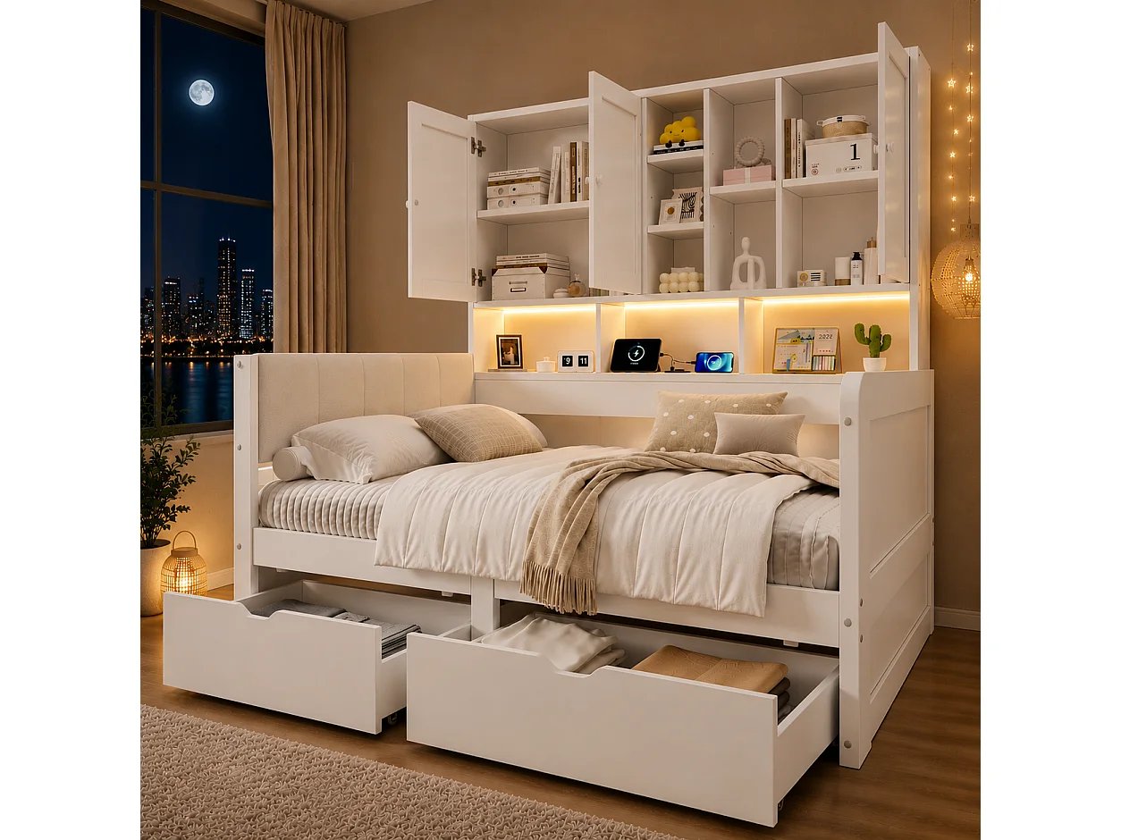 Canapébed 90x200 cm - Gecombineerd bed met LED, USB-poort en 2 laden - Met opbergmeubel - Hoofdbord van PU - Wit (zonder matras)