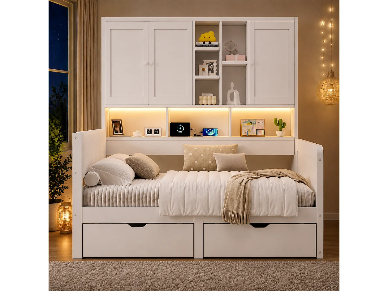 Canapébed 90x200 cm - Gecombineerd bed met LED, USB-poort en 2 laden - Met opbergmeubel - Hoofdbord van PU - Wit (zonder matras)