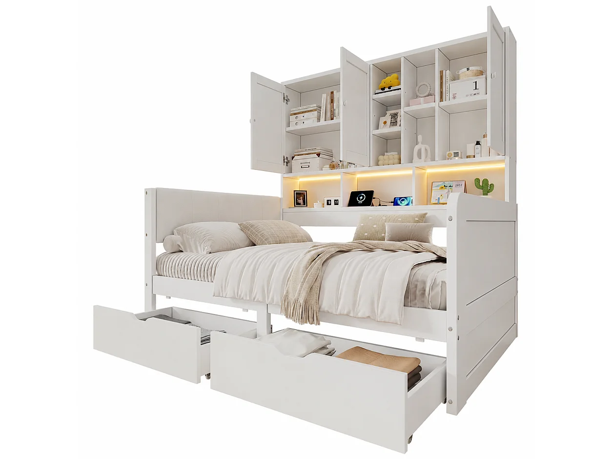 Canapébed 90x200 cm - Gecombineerd bed met LED, USB-poort en 2 laden - Met opbergmeubel - Hoofdbord van PU - Wit (zonder matras)