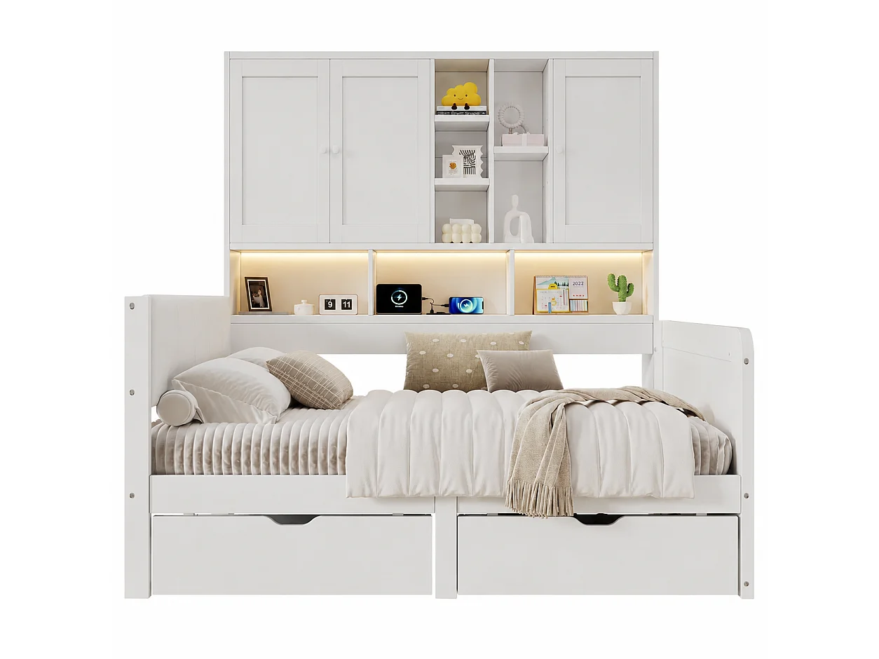 Canapébed 90x200 cm - Gecombineerd bed met LED, USB-poort en 2 laden - Met opbergmeubel - Hoofdbord van PU - Wit (zonder matras)