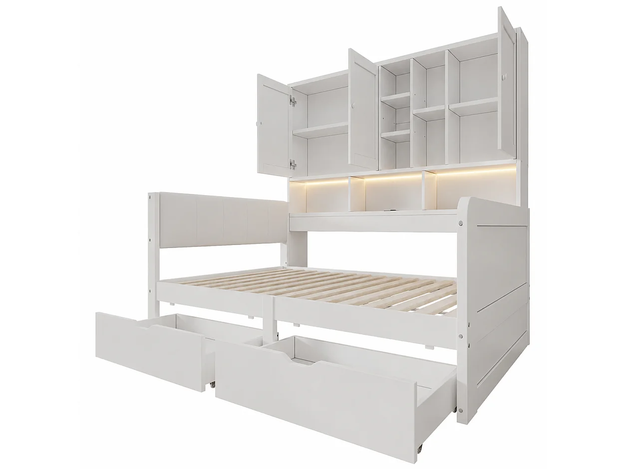 Canapébed 90x200 cm - Gecombineerd bed met LED, USB-poort en 2 laden - Met opbergmeubel - Hoofdbord van PU - Wit (zonder matras)