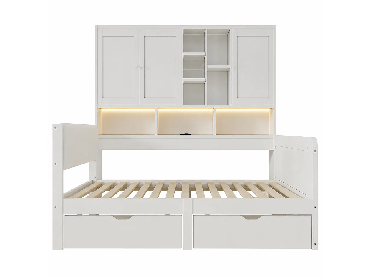 Canapébed 90x200 cm - Gecombineerd bed met LED, USB-poort en 2 laden - Met opbergmeubel - Hoofdbord van PU - Wit (zonder matras)