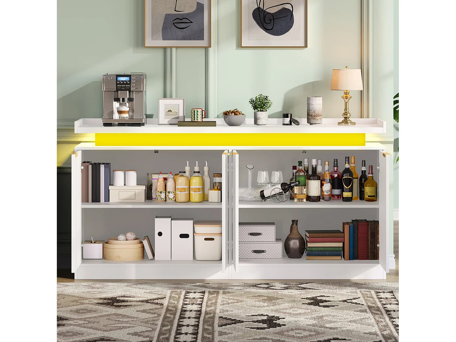 Buffet moderno 160x39x83cm - con 4 ante - con illuminazione LED - Bianco