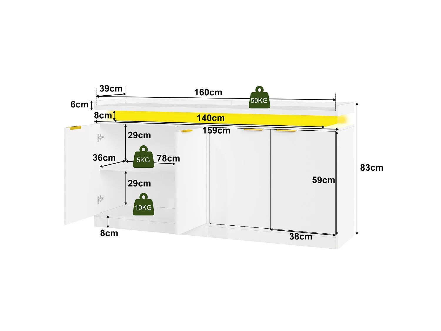 Buffet moderno 160x39x83cm - con 4 ante - con illuminazione LED - Bianco