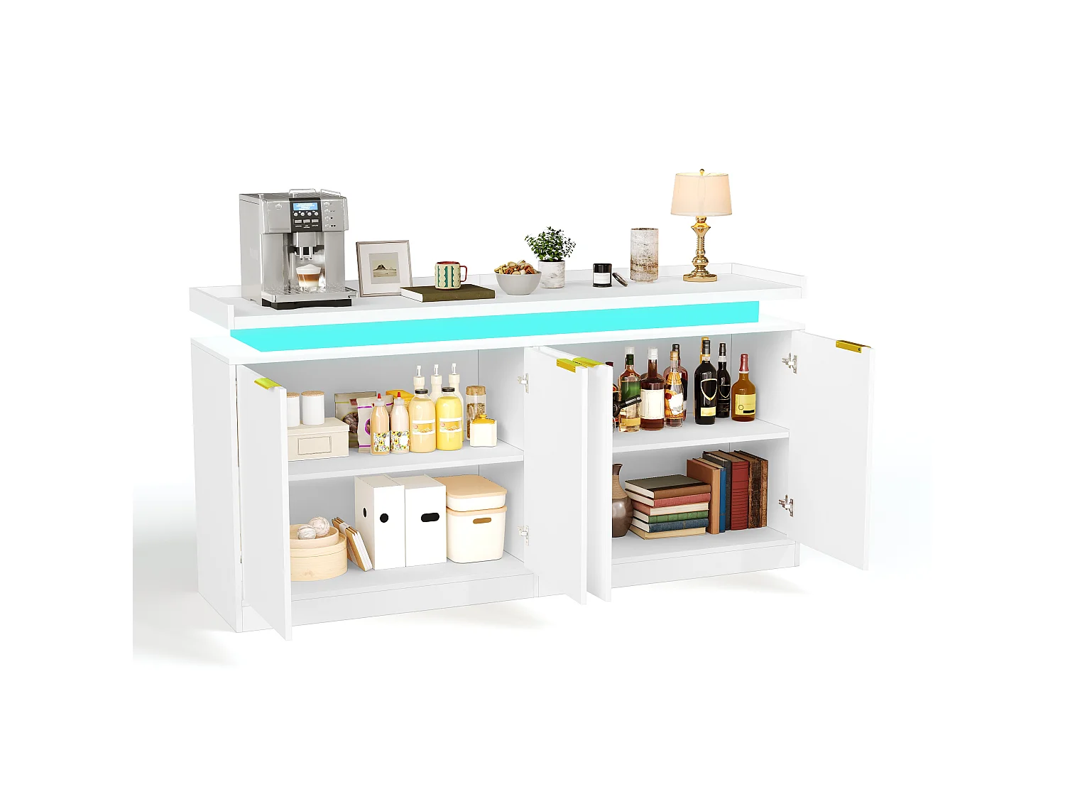 Buffet moderno 160x39x83cm - con 4 ante - con illuminazione LED - Bianco