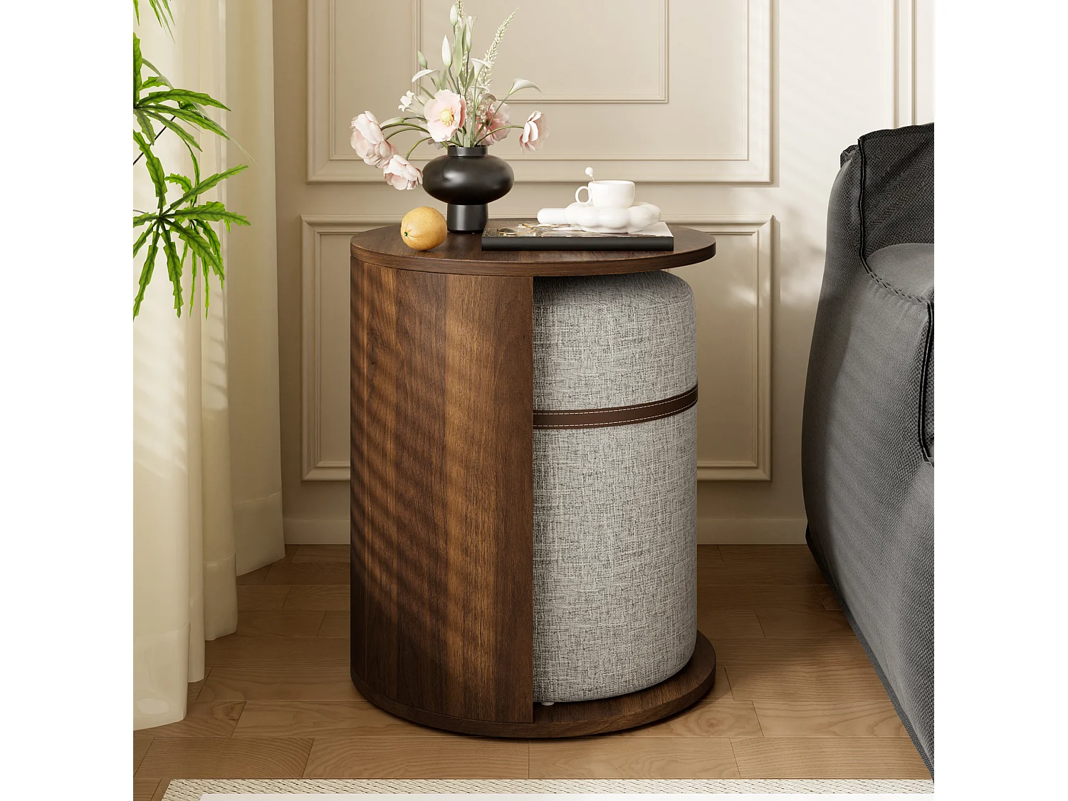 Conjunto de mesa auxiliar con taburete - Mesa baja redonda y taburete acolchado - Aspecto madera - MDF + Pino - Marrón