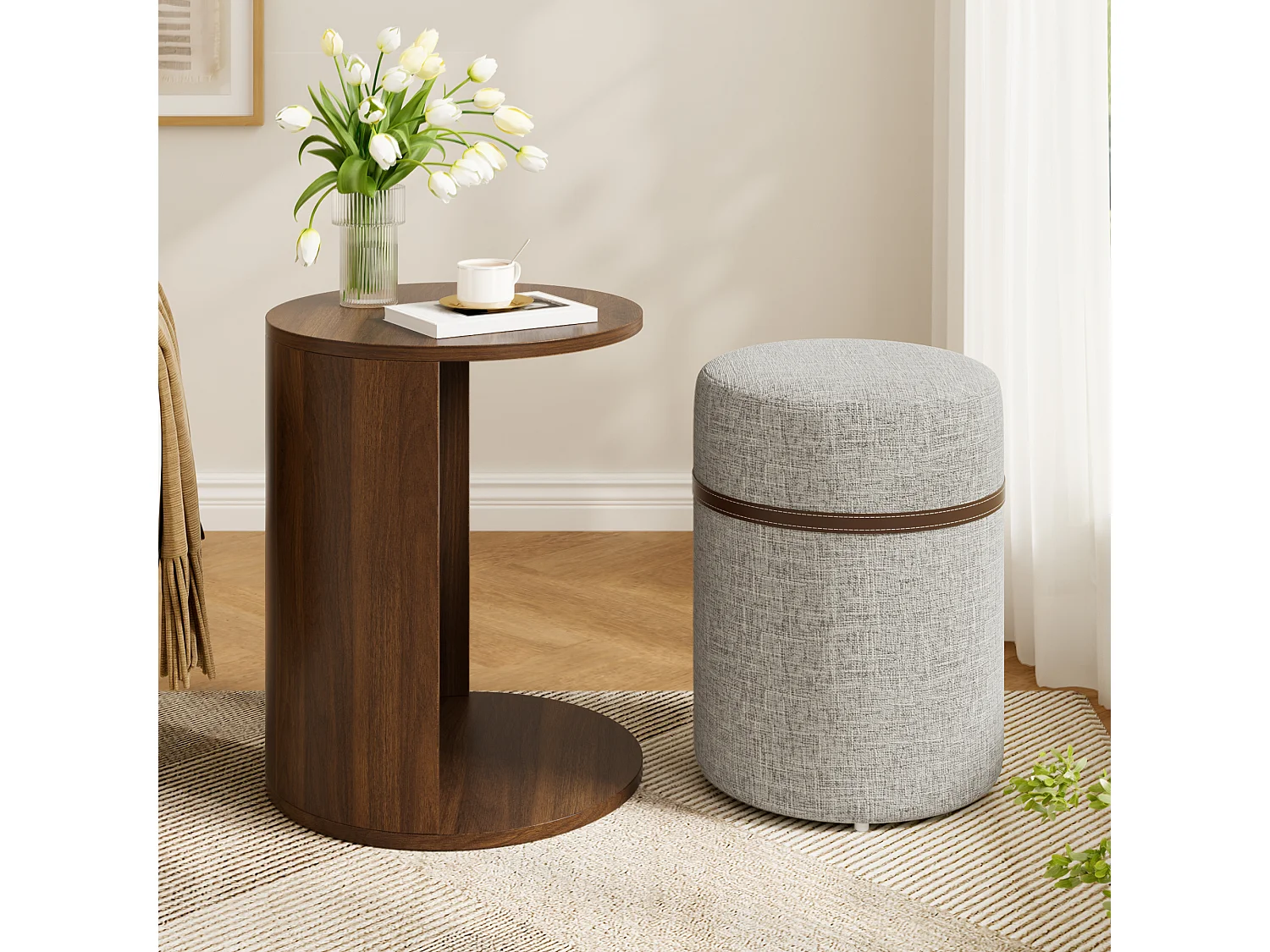 Conjunto de mesa auxiliar con taburete - Mesa baja redonda y taburete acolchado - Aspecto madera - MDF + Pino - Marrón
