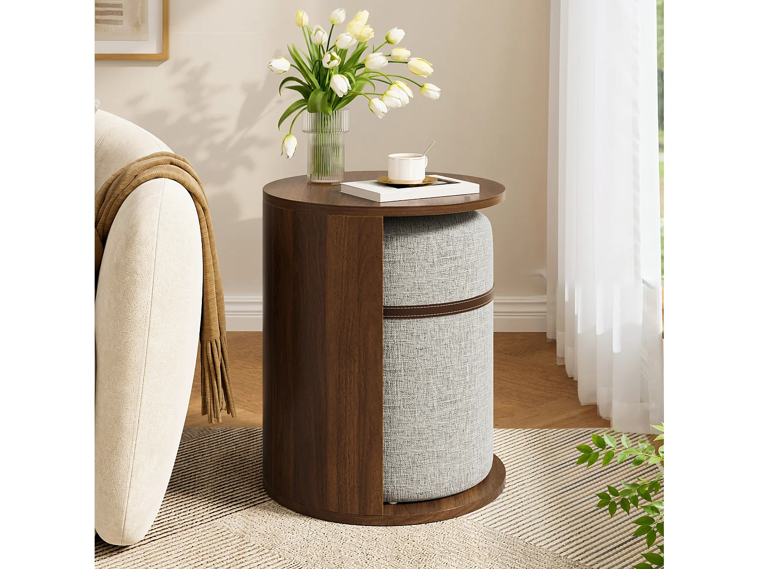Conjunto de mesa auxiliar con taburete - Mesa baja redonda y taburete acolchado - Aspecto madera - MDF + Pino - Marrón