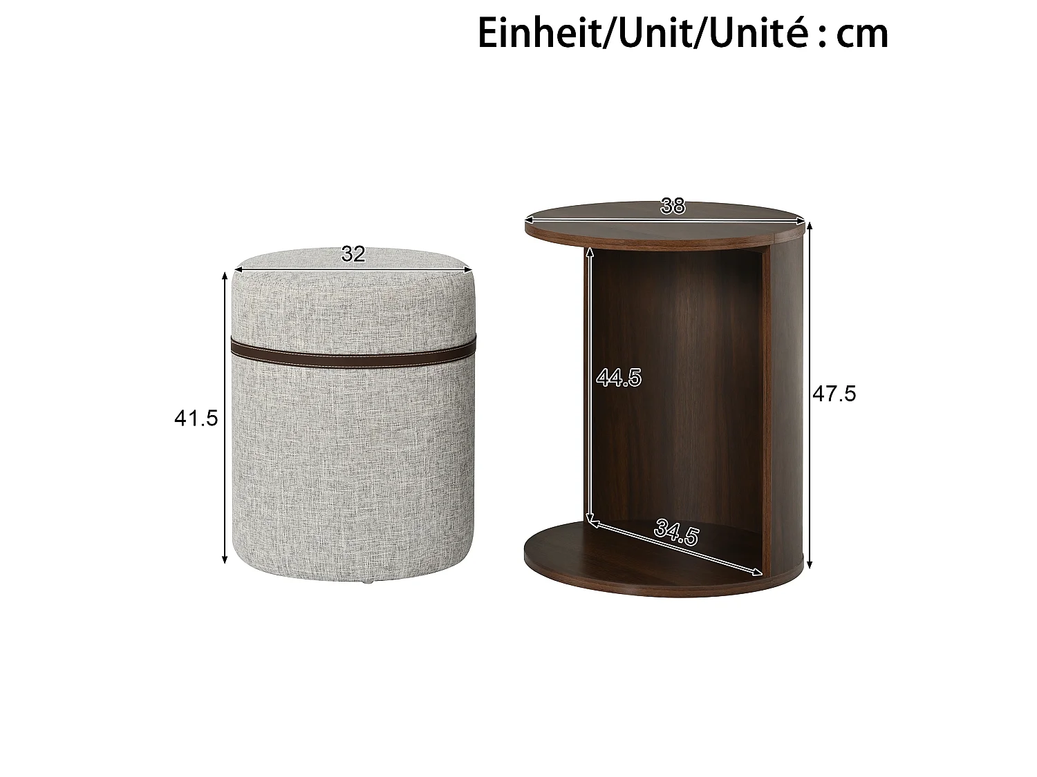 Conjunto de mesa auxiliar con taburete - Mesa baja redonda y taburete acolchado - Aspecto madera - MDF + Pino - Marrón