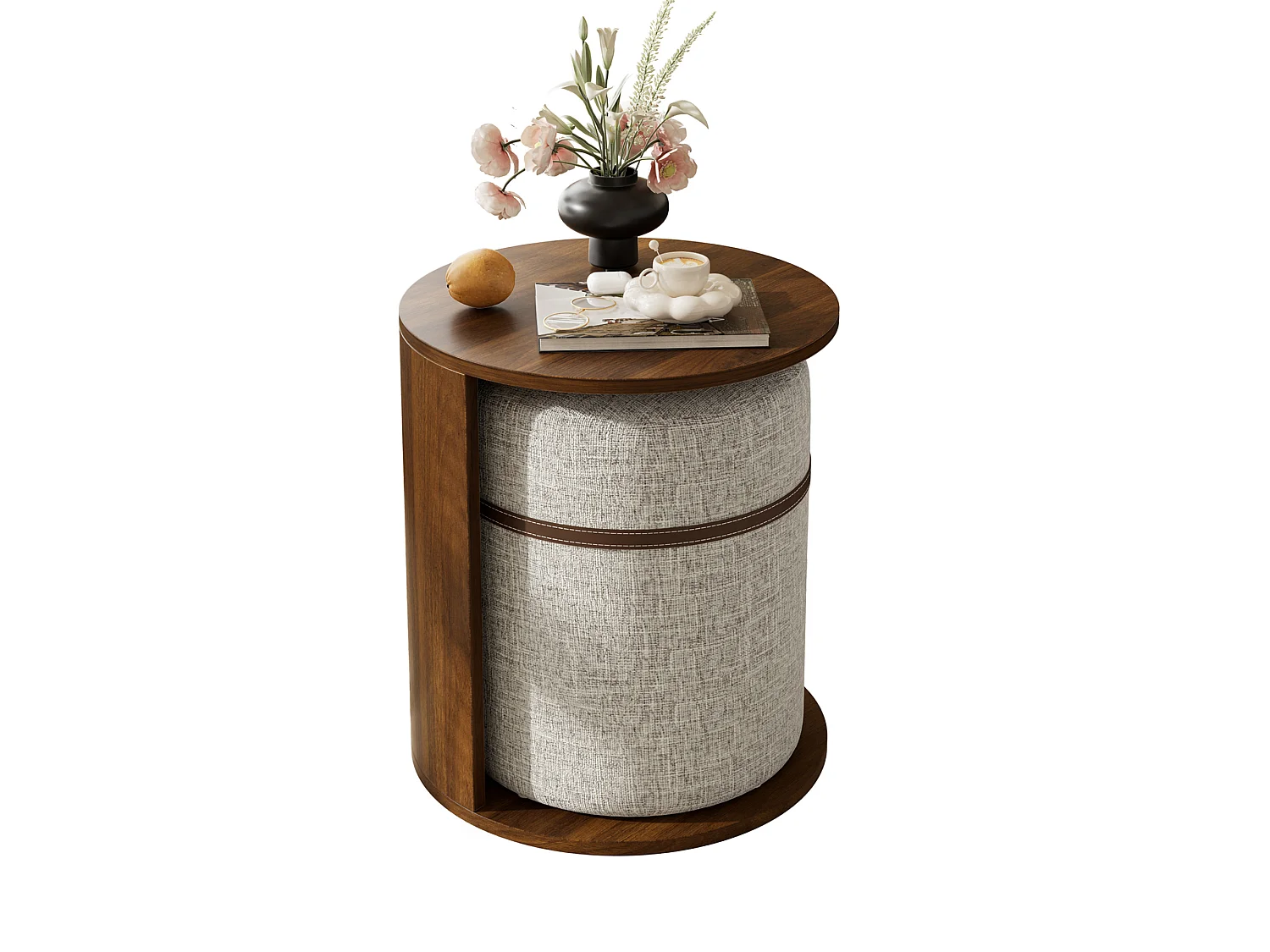 Conjunto de mesa auxiliar con taburete - Mesa baja redonda y taburete acolchado - Aspecto madera - MDF + Pino - Marrón
