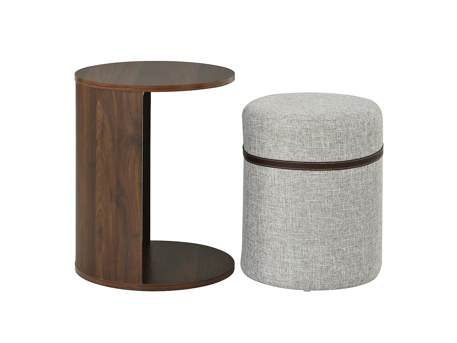 Conjunto de mesa auxiliar con taburete - Mesa baja redonda y taburete acolchado - Aspecto madera - MDF + Pino - Marrón