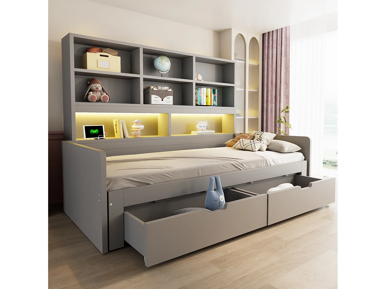 Wooden sofa bed 180 x 200 cm - with trundle bed - with LED light - with electrical outlet - with 2 drawers - gray (mattress not included)