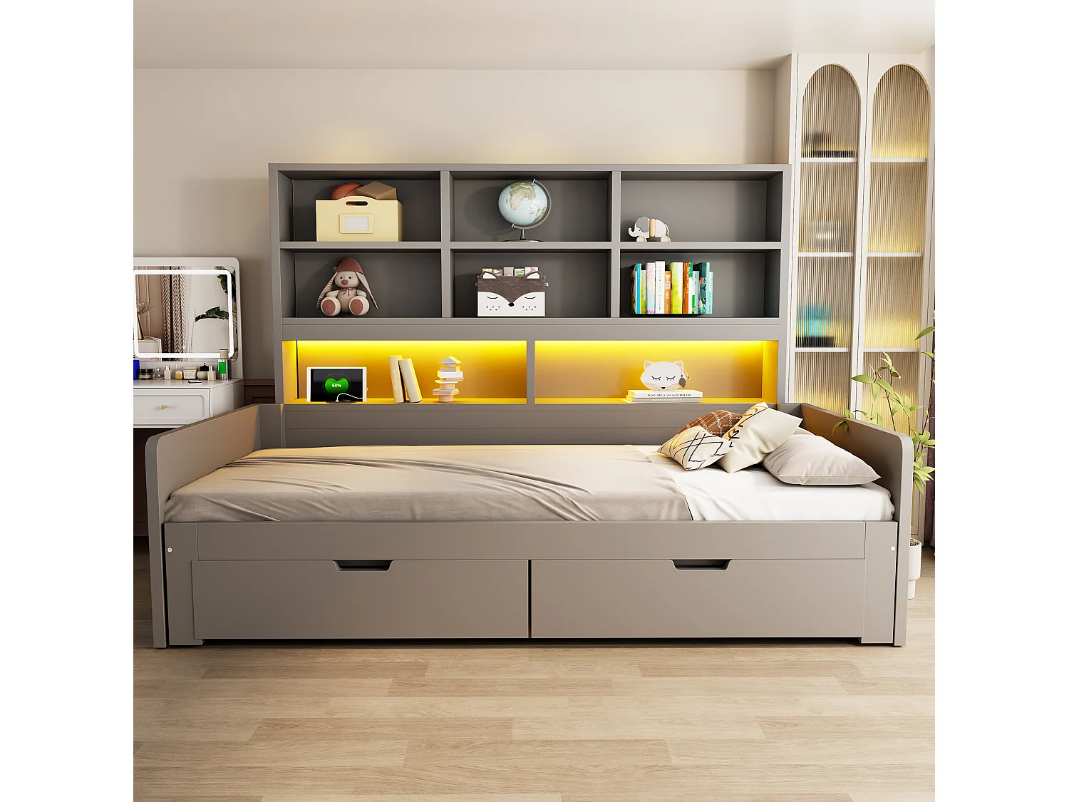 Wooden sofa bed 180 x 200 cm - with trundle bed - with LED light - with electrical outlet - with 2 drawers - gray (mattress not included)