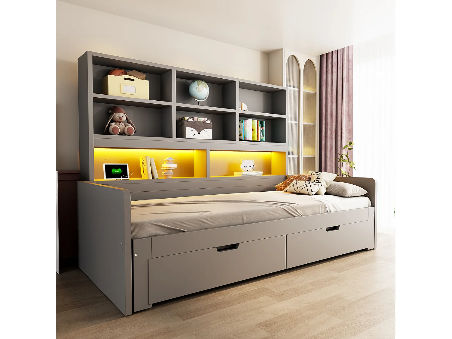 Wooden sofa bed 180 x 200 cm - with trundle bed - with LED light - with electrical outlet - with 2 drawers - gray (mattress not included)