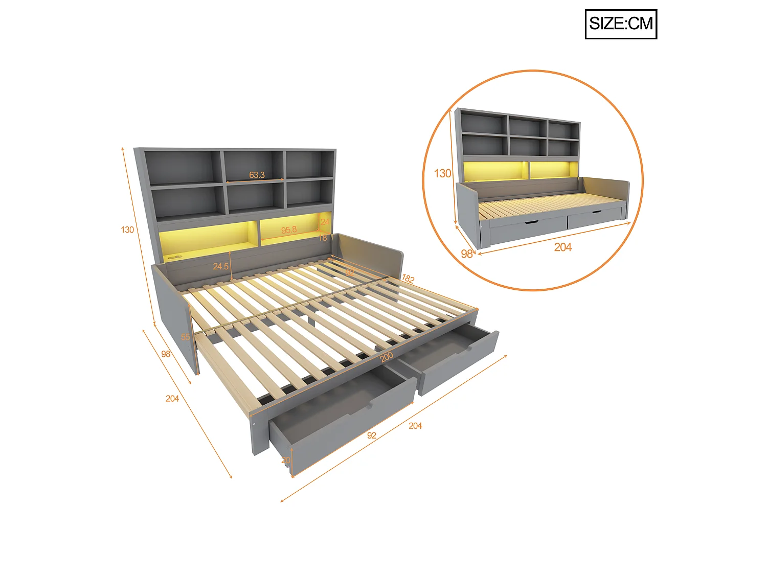 Wooden sofa bed 180 x 200 cm - with trundle bed - with LED light - with electrical outlet - with 2 drawers - gray (mattress not included)