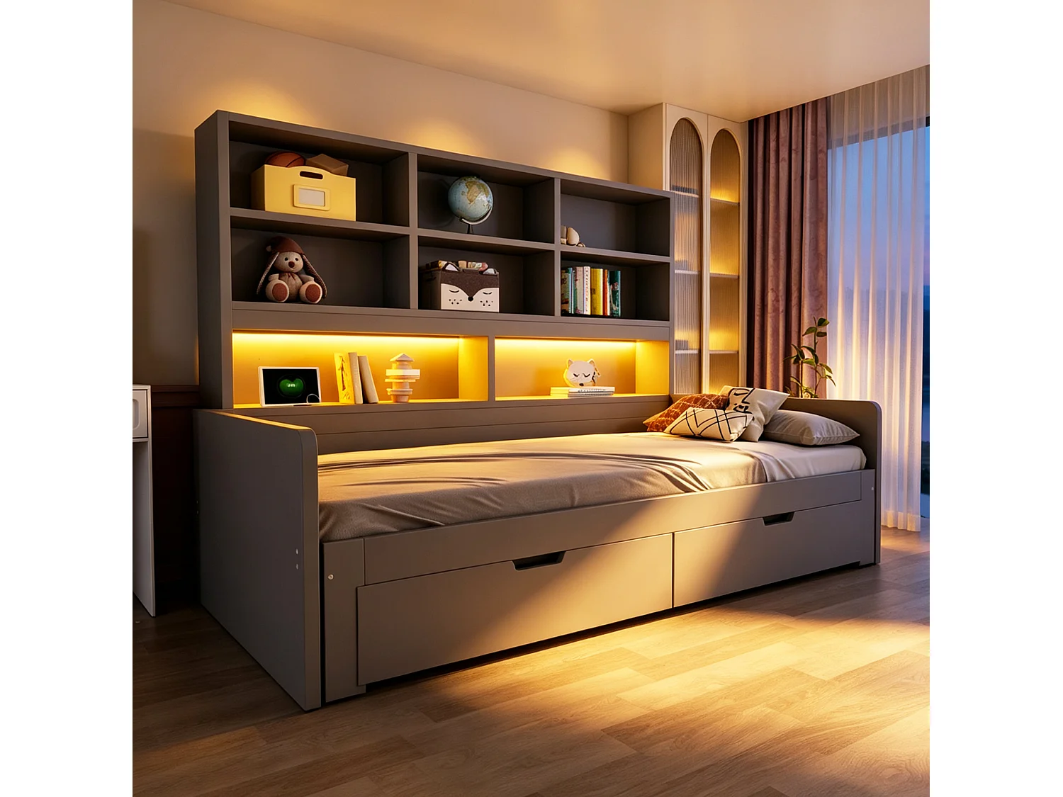 Wooden sofa bed 180 x 200 cm - with trundle bed - with LED light - with electrical outlet - with 2 drawers - gray (mattress not included)