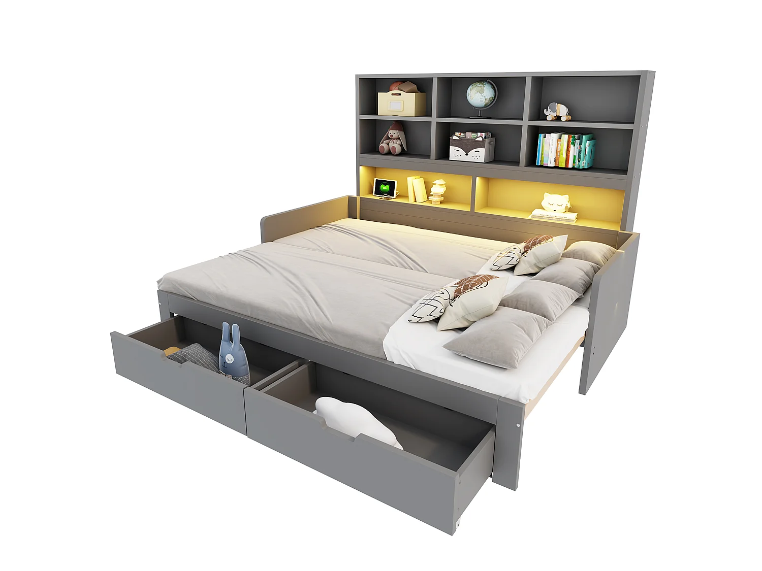 Wooden sofa bed 180 x 200 cm - with trundle bed - with LED light - with electrical outlet - with 2 drawers - gray (mattress not included)