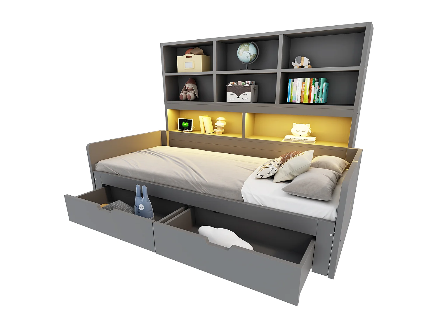 Wooden sofa bed 180 x 200 cm - with trundle bed - with LED light - with electrical outlet - with 2 drawers - gray (mattress not included)