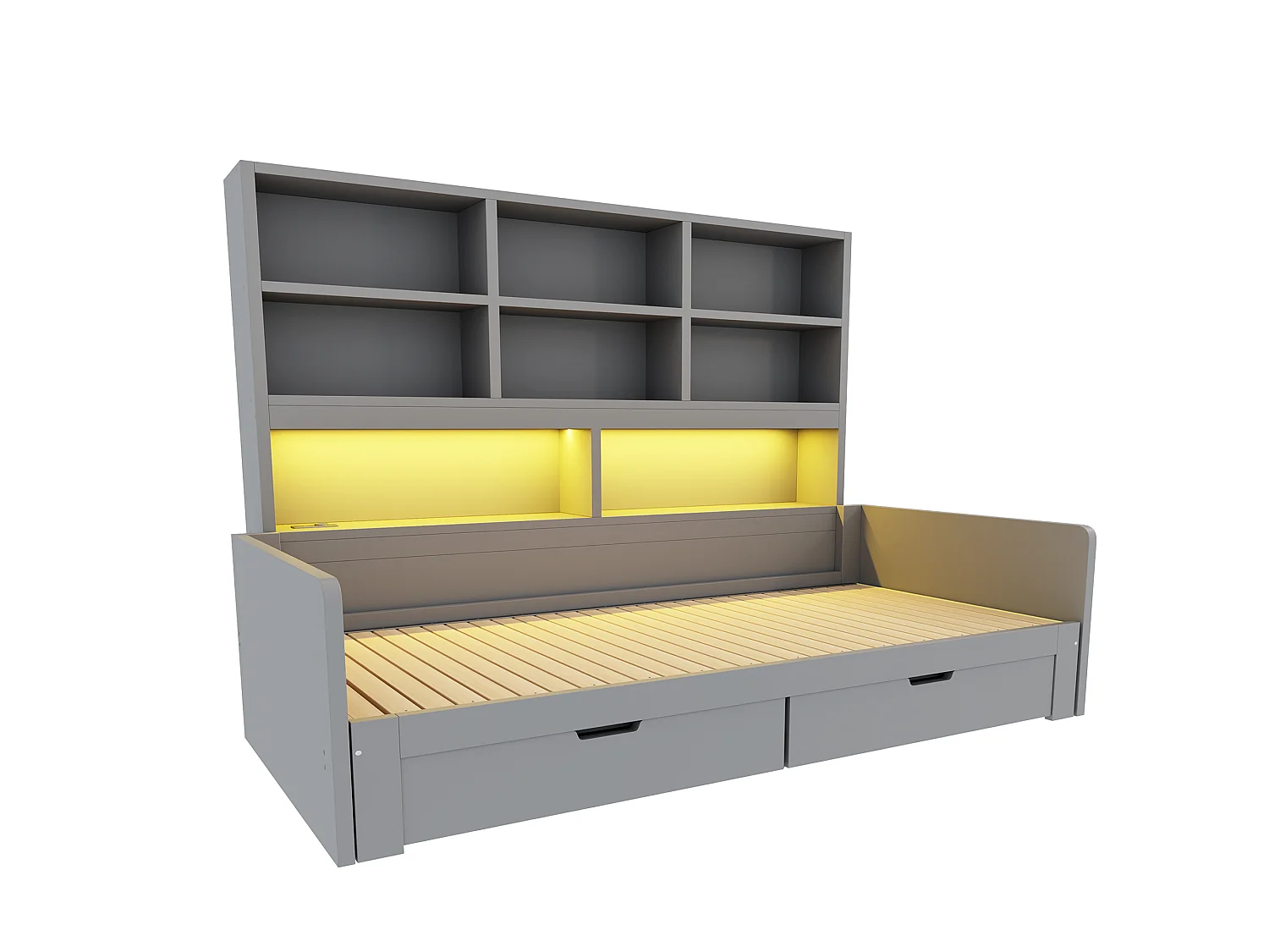 Wooden sofa bed 180 x 200 cm - with trundle bed - with LED light - with electrical outlet - with 2 drawers - gray (mattress not included)