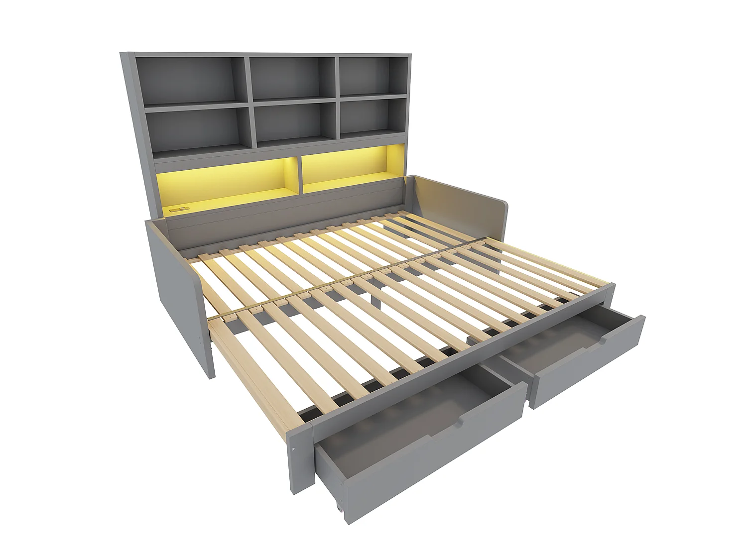Wooden sofa bed 180 x 200 cm - with trundle bed - with LED light - with electrical outlet - with 2 drawers - gray (mattress not included)