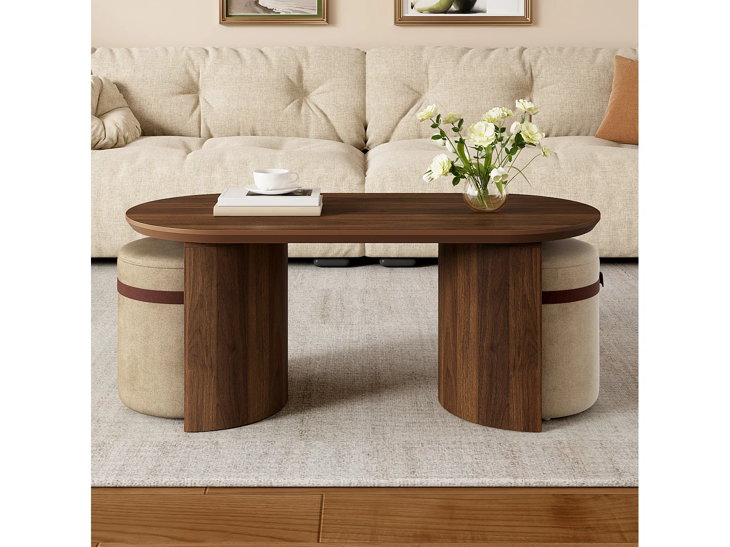 Conjunto de mesa de centro con 2 taburetes - Mesa de centro ovalada y taburetes acolchados - Mesa auxiliar redonda moderna - MDF - Marrón