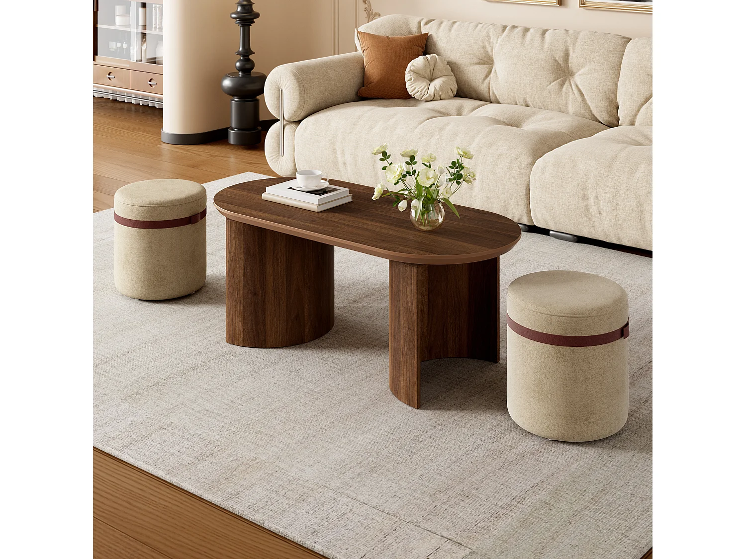 Conjunto de mesa de centro con 2 taburetes - Mesa de centro ovalada y taburetes acolchados - Mesa auxiliar redonda moderna - MDF - Marrón