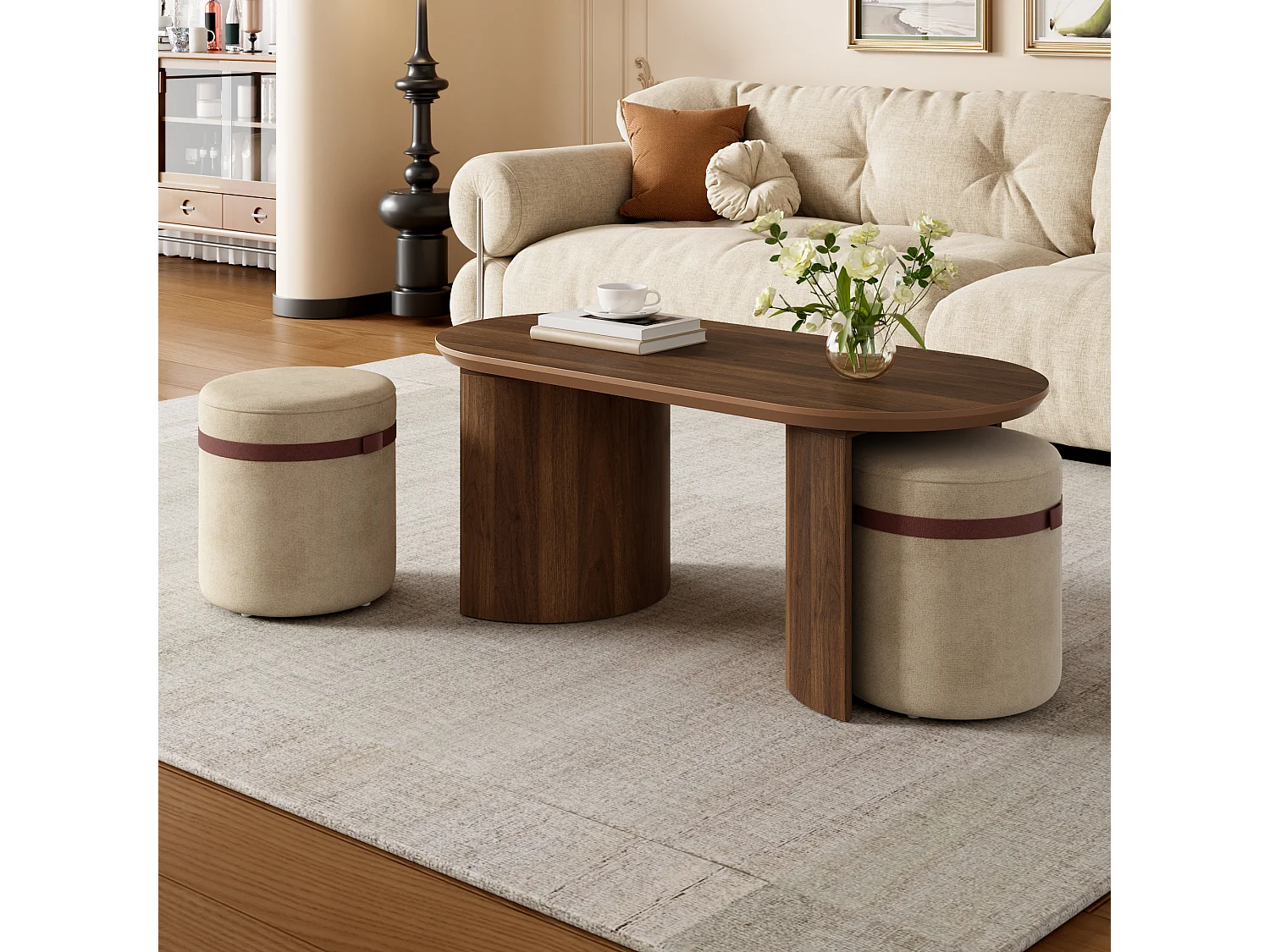 Conjunto de mesa de centro con 2 taburetes - Mesa de centro ovalada y taburetes acolchados - Mesa auxiliar redonda moderna - MDF - Marrón