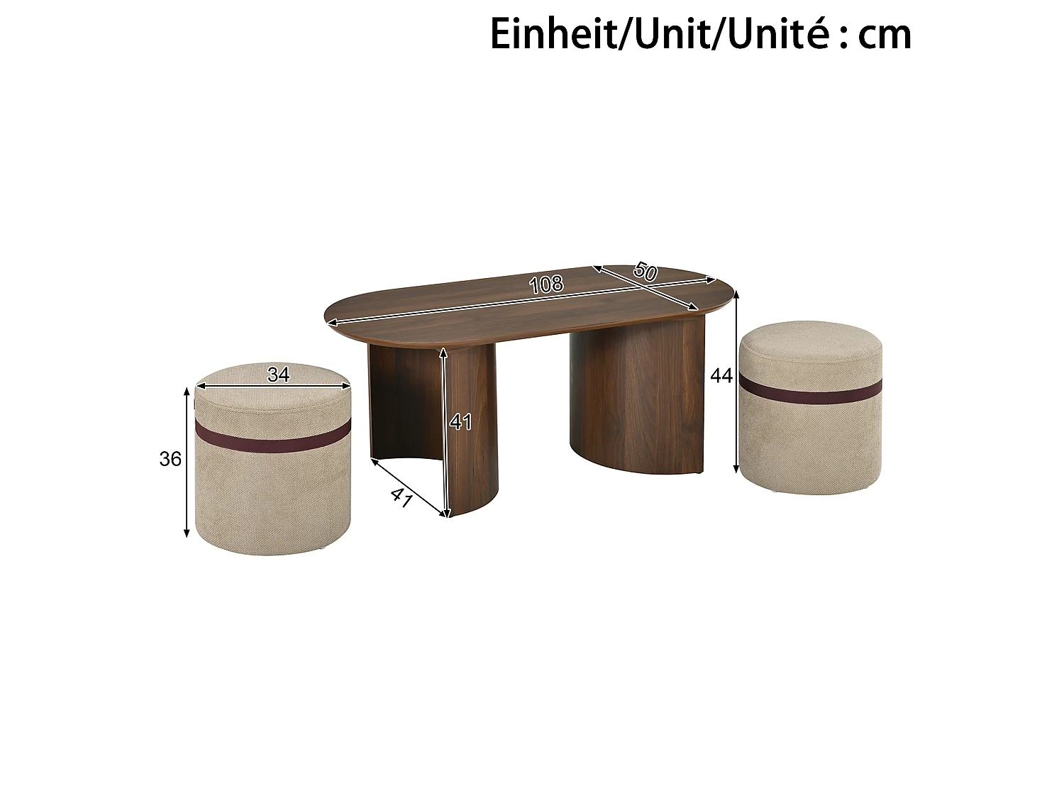 Conjunto de mesa de centro con 2 taburetes - Mesa de centro ovalada y taburetes acolchados - Mesa auxiliar redonda moderna - MDF - Marrón