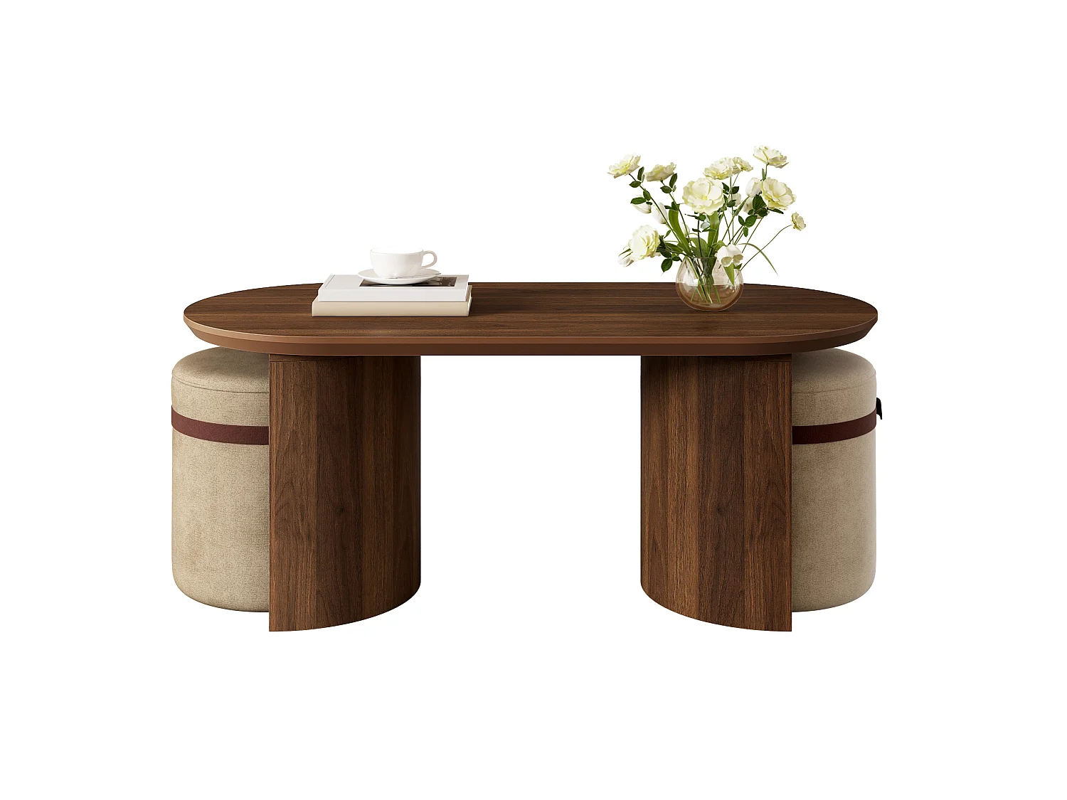 Conjunto de mesa de centro con 2 taburetes - Mesa de centro ovalada y taburetes acolchados - Mesa auxiliar redonda moderna - MDF - Marrón