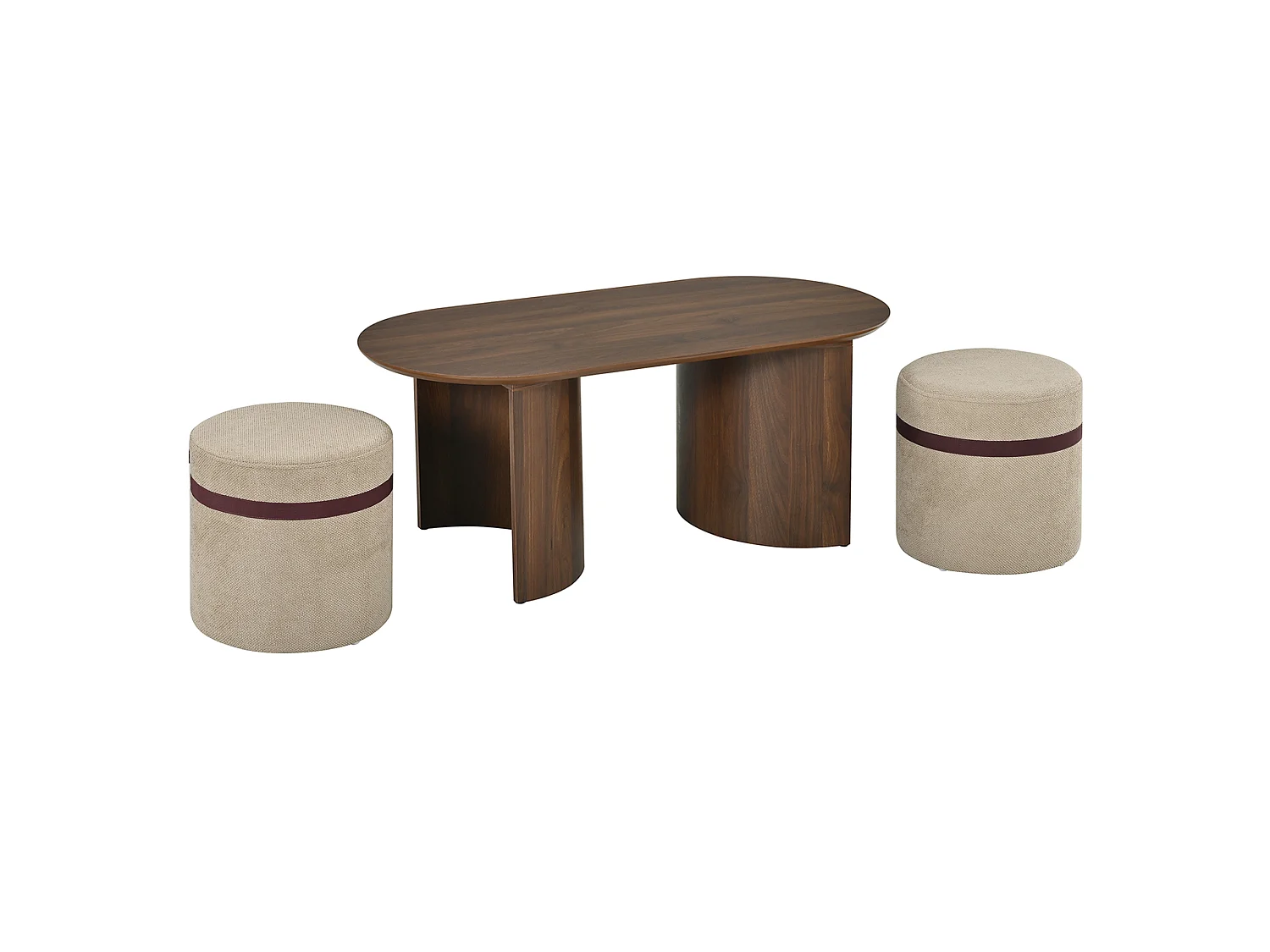 Conjunto de mesa de centro con 2 taburetes - Mesa de centro ovalada y taburetes acolchados - Mesa auxiliar redonda moderna - MDF - Marrón
