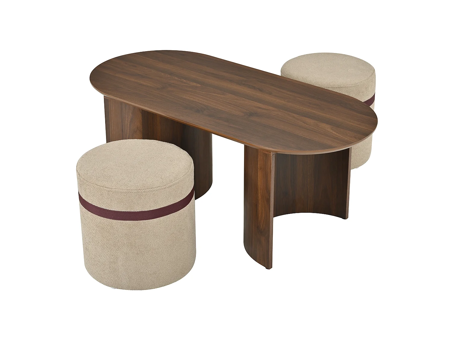 Conjunto de mesa de centro con 2 taburetes - Mesa de centro ovalada y taburetes acolchados - Mesa auxiliar redonda moderna - MDF - Marrón