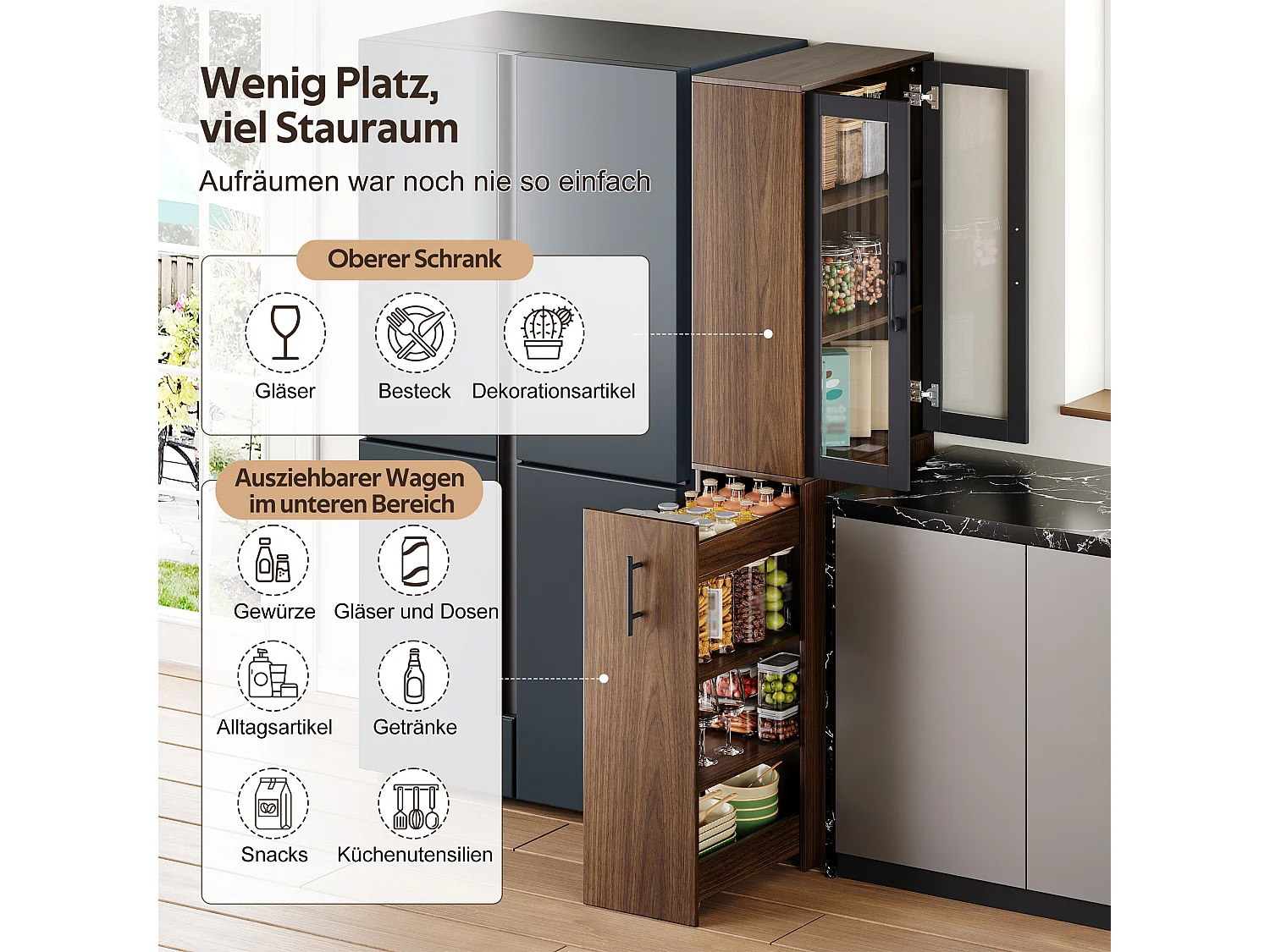 Buffet hautes de cuisine 60x30x180cm - avec 2 portes vitrée - compartiments de rangement coulissants - avec roulettes - Marron