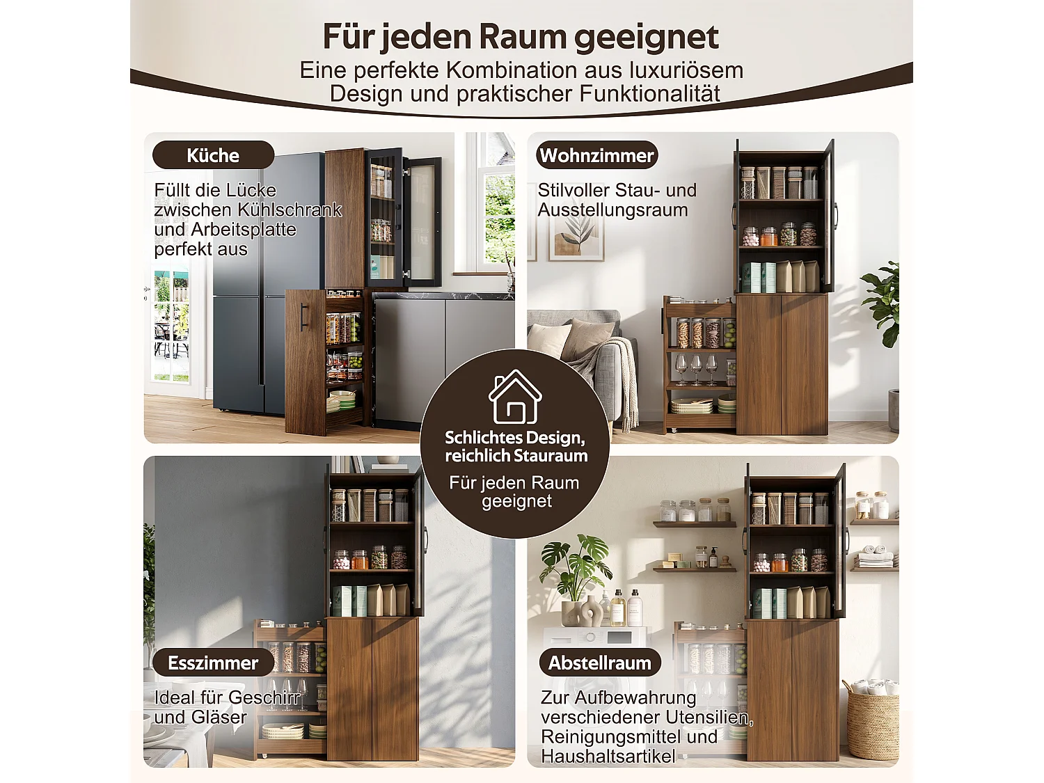 Buffet hautes de cuisine 60x30x180cm - avec 2 portes vitrée - compartiments de rangement coulissants - avec roulettes - Marron