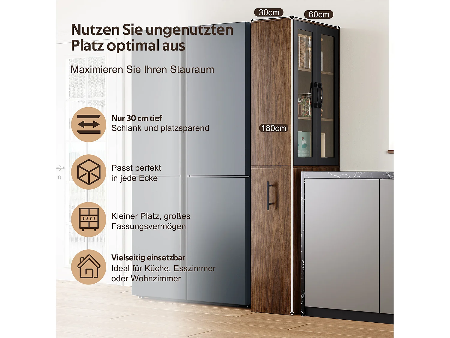 Buffet hautes de cuisine 60x30x180cm - avec 2 portes vitrée - compartiments de rangement coulissants - avec roulettes - Marron