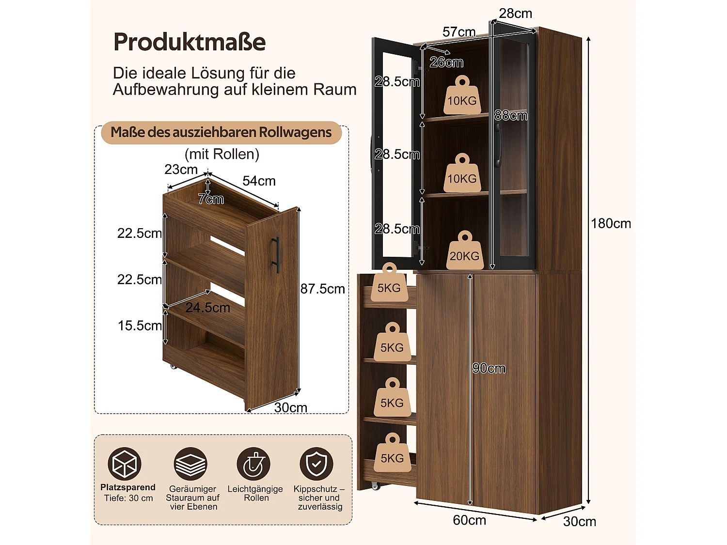 Buffet hautes de cuisine 60x30x180cm - avec 2 portes vitrée - compartiments de rangement coulissants - avec roulettes - Marron