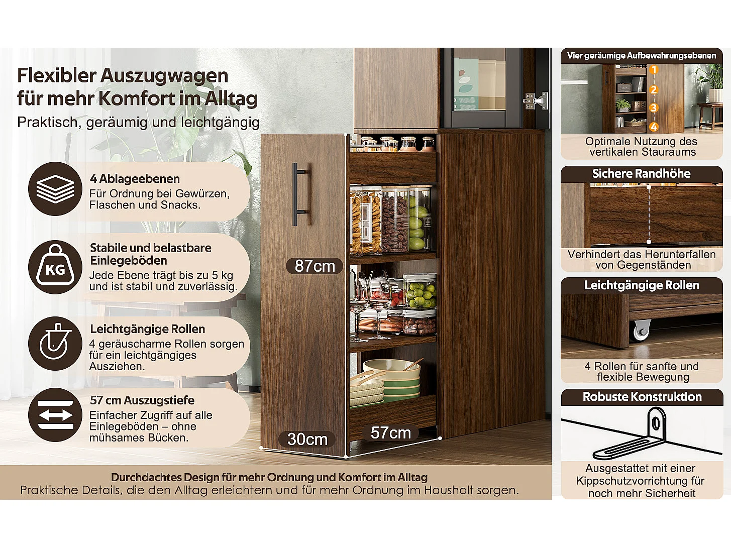 Buffet hautes de cuisine 60x30x180cm - avec 2 portes vitrée - compartiments de rangement coulissants - avec roulettes - Marron